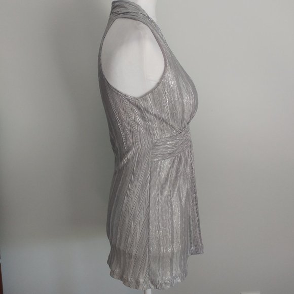 3/$25 Silver Halter Top Blouse Dressy Casual Crushed Pleats Marilyn Monroe MED - Picture 5 of 7